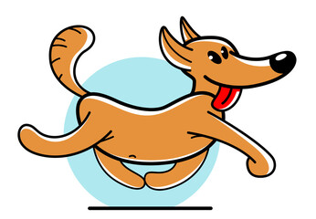 Funny cartoon dog running brave and positive vector flat style illustration isolated on white, cute and adorable domestic animal friend.