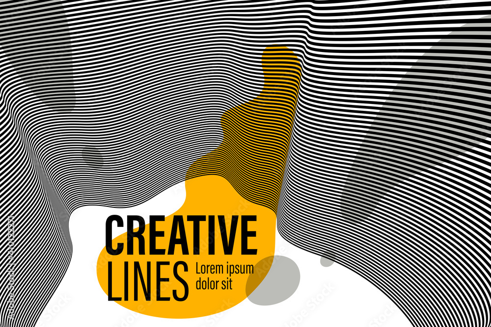 Poster 3d black and white lines in perspective with yellow fluid liquid paint splat abstract vector backgro