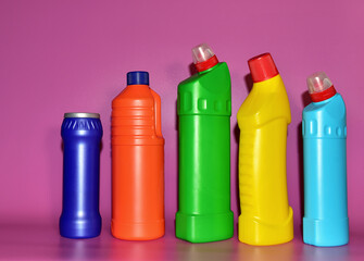 Detergent bottles. Detergents and laundry concept. Household chemicals for cleaning. Chemical...