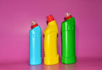 Detergent bottles. Detergents and laundry concept. Household chemicals for cleaning. Chemical...