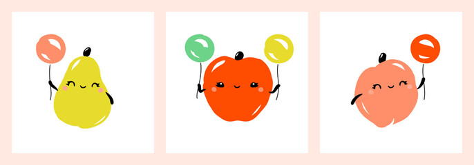 Kawaii characters of pear, apple and peach. Cute happy fruits with multicolored balloons. Vector illustration for greeting card, fabrics prints or poster