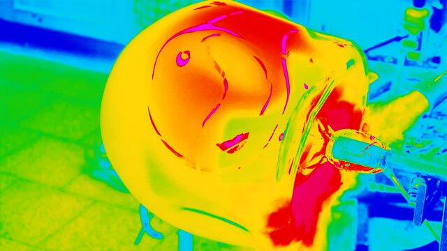 Heating the blowed piece of glass on glassblowing pipe. Glass artis shaping manualy big hot glass piece on glassblowing whistle. Thermal camera view test.
