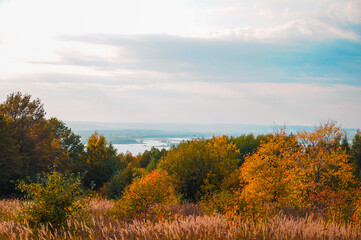 Fototapeta premium A colorful autumn landscape on a cloudy day
