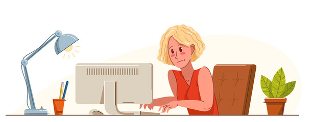 Young woman alarmed in problem working on a project in stress vector flat illustration isolated, urgent panic deadline job in office or home, solving problem.