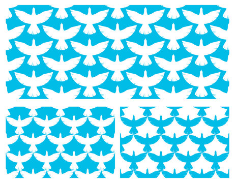 Flying blue birds seamless vector wallpaper set, endless background pattern with doves in the sky, freedom eagle theme, beautiful picture.