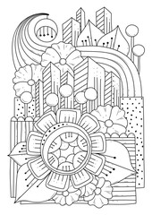 Coloring page for children and adults. Vector illustration with abstract flowers. Black-white background for coloring, printing on fabric or paper.