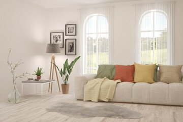 White living room with sofa. Scandinavian interior design. 3D illustration