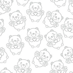 Cartoon teddy bears with cupid wings and hearts seamless pattern sketch template. Graphic St. Valentine's day vector illustration in black and white for games, decor. Coloring paper, page, story book