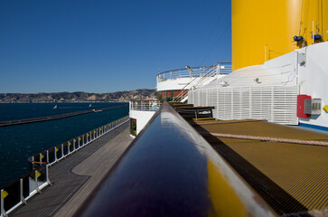 Pooldeck or swimmingpool with sun deck on modern Costa cruiseship or cruise ship liner with sun...