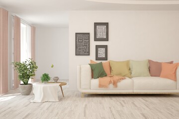 White living room with sofa. Scandinavian interior design. 3D illustration