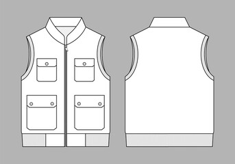 White Vest with Multiple Pockets Template on Gray Background. Front and Back Views, Vector File.