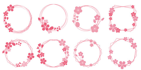 Set of laurel wreath design elements. Pink circle border vector ornaments. Wreath decoration with pink flower petals. Vector illustration.花リーフデザイン、花びらリースイラスト、桜リースイラスト