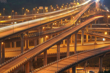 At night，The intersecting multi-storey overpass in Chongqing, China
