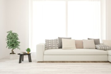 White living room with sofa. Scandinavian interior design. 3D illustration