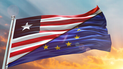 Fototapeta na wymiar European Union Flag and Liberia flag waving with texture sky Cloud and sunset Double flag