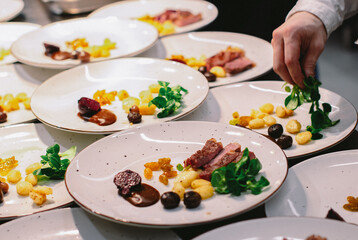 chef preparing meat with vegetables aside on a buffet