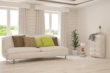 White living room with sofa and summer landscape in window. Scandinavian interior design. 3D illustration