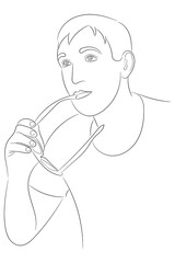 Sketch portrait of a pensive man with glasses in hand