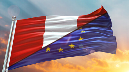 Fototapeta na wymiar European Union Flag and Peru flag waving with texture sky Cloud and sunset Double flag