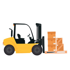 Forklift Isolated vector illustration. An industrial forklift is lifting boxes. Loader with boxes on a white background. 