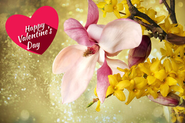 Happy Valentines Day greeting card or banner. Poster with beautiful pink magnolia and bokeh lights
