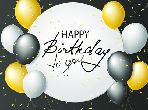 Black, white and gold balloons on a black background with gold glitter confetti. Calligraphic inscription Happy Birthday. Postcard happy birthday template. 3d vector