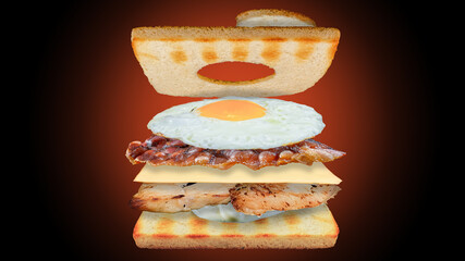 Chicken bacon and egg sandwich with cheese red background