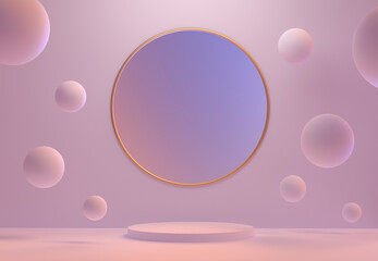 Abstract round scene in pink color. Podium for product presentation. A pedestal with geometric balloons. 3D Render