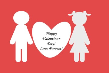 Happy Valentine's Day illustration. Holiday greeting card, poster, banner with text lettering. Couple in love with heart. Love foresver. Isolated on pink background