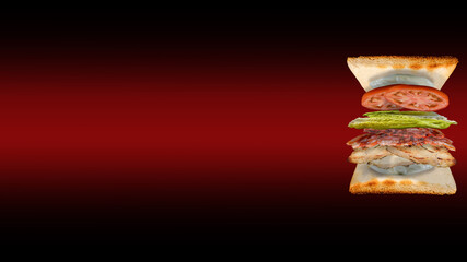 Chicken sandwich bacon lettuce and tomato red background 16 9
