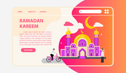 Fototapeta na wymiar Ramadan website landing page with mosque illustration purple orange theme. Suitable for website pages during Ramadan