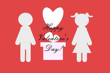 Happy Valentine's Day illustration. Holiday greeting card, poster, banner with text lettering. Couple in love with heart and gift box. Isolated on pink background
