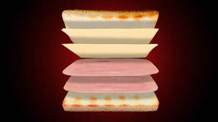 Double ham and cheese sandwich red background