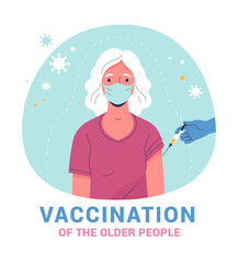 Vaccination of the elderly poster template. Vector modern illustration of a senior woman and a doctor's hand with a syringe. Isolated on abstract background