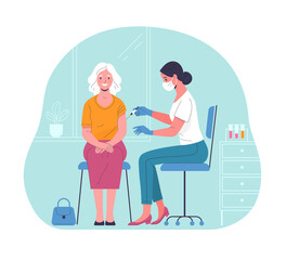 Vaccination of the elderly. Vector modern illustration of a senior woman and a doctor with a syringe. Isolated on abstract background