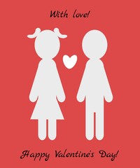 Happy Valentine's Day illustration. Holiday greeting card, poster, banner with text lettering. Couple in love with heart. With love. Isolated on pink background