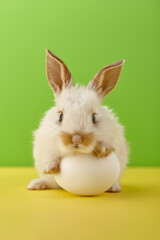 White Easter bunny rabbit with egg on yellow and green background