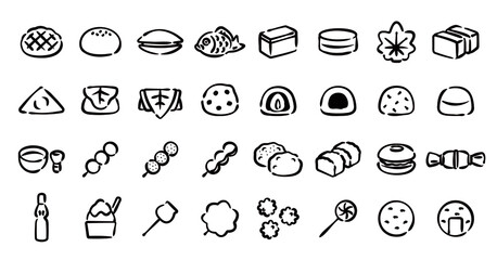 Japanese Desserts and Sweets Icon Set (Hand-drawn line version)