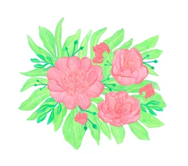 Behang Watercolor Pencils drawing composition with red peony flowers with leaves © nanyasem