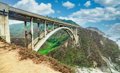 Bixby Creek Bridge on Highway One on the US West Coast heading south to Los Angeles, Big Sur, California.