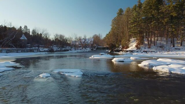Aerial view of icy river