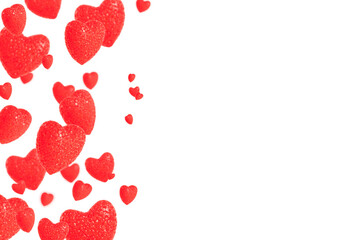 Collage of cool juicy red hearts like raspberries on the white background