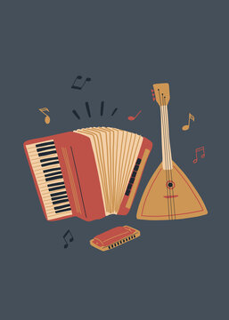 Vector music design with accordion, balalaika and harmonica. Cartoon doodle illustration for invitation, card, poster, print or flyer.
