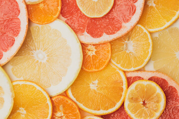 citrus fruits cut into round pieces: orange, grapefruit, lemon, tangerine.