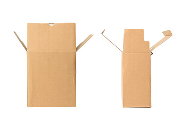 open  brown rectangular cardboard box for transporting goods isolated on white background.