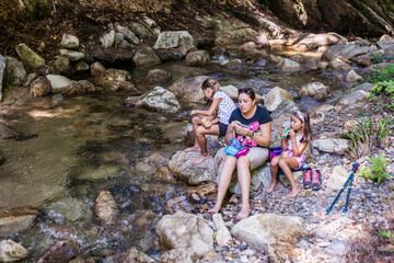 Family Enjoy Nature Walking By Mountain Creek, Hiking Adventure, Active People, Forest Stream, Summer Season