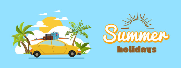 Happy family driving in car on weekend holiday, summer holidays, planning summer vacations, travel by car, summer holiday, Tourism and vacation theme. Flat design illustration. © the8monkey