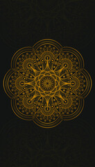 Gold Flower Mandala on black background. Abstract ornament for decorations. Ethnic oriental style. Vector illustration. 