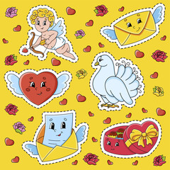 Set of stickers with cute cartoon characters. Valentine's Day clipart. Hand drawn. Colorful pack. Vector illustration. Patch badges collection. Label design elements. For daily planner, diary.