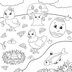 Coloring book for kids. Easter clipart. Cheerful characters. Vector illustration. Cute cartoon style. Black contour silhouette. Isolated on white background.